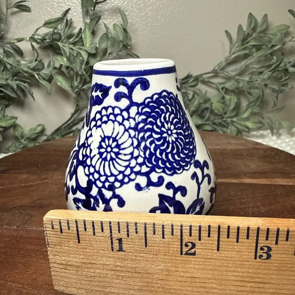 Blue White Chinoiserie Stoneware Bud Vase Floral Ginger Jar Style 4” Ceramic Vtg